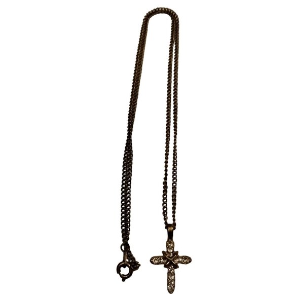 Vintage Cross Pendant Necklace Gold Tone Chain Rhinestone - Picture 2 of 4